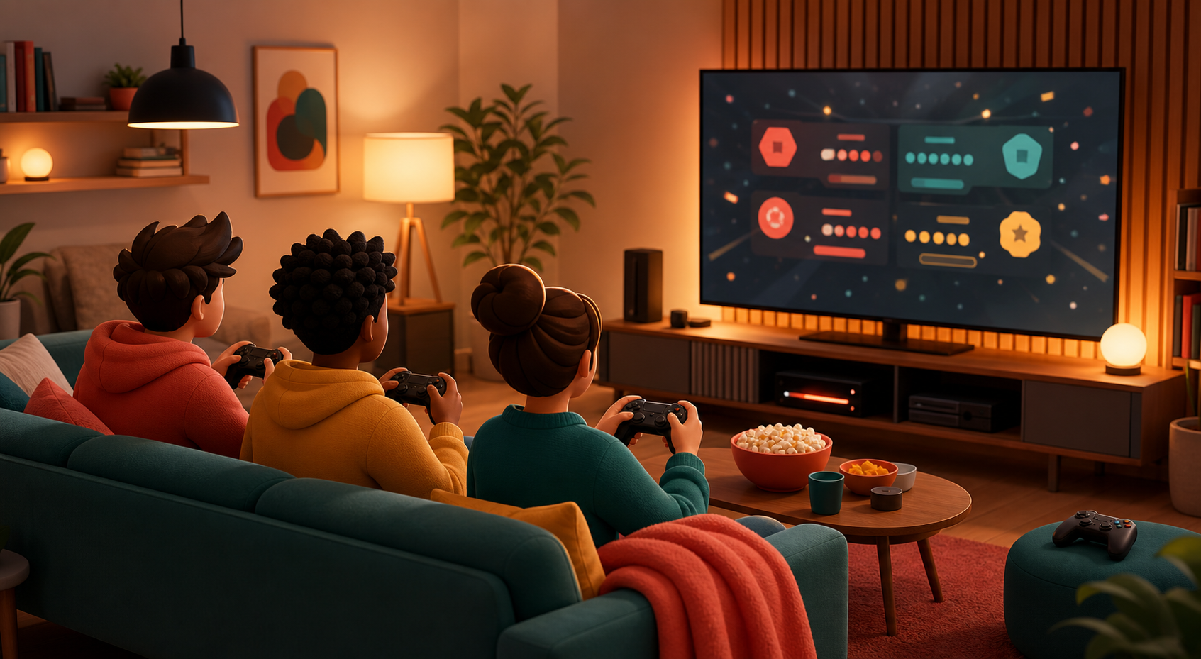 Friends playing games together on a couch while a scoreboard is shown on the TV.